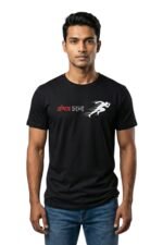 Man wearing a black cotton t-shirt with the Bengali motivational quote Egiea Cholo and running graphic