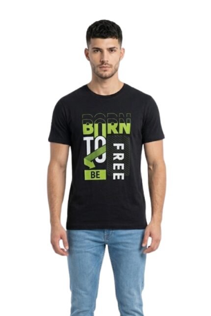 Man wearing a black cotton t-shirt with a neon green Born to Free typography graphic