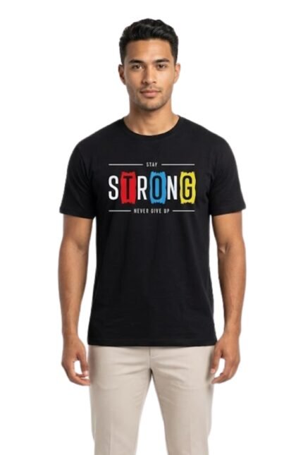 Man wearing a black cotton t-shirt featuring the colorful motivational text Stay Strong