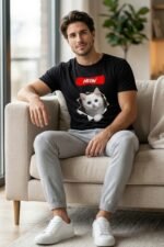 Cute Cat Face Graphic Tee for Men & Women | Black Pure Cotton Casual T-Shirt - Image 4