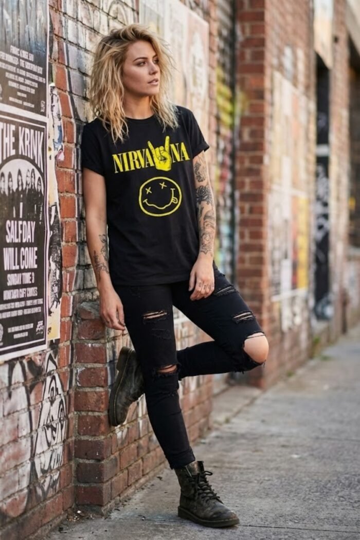 Woman leaning against a brick wall outdoors wearing a black cotton Nirvana graphic t-shirt with a vintage distressed smiley face