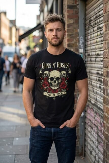 Lifestyle gallery photo of a group standing in a gritty alleyway, showcasing the vintage Guns N' Roses rock band t-shirt. This pure cotton black tee features a striking skull and roses graphic, perfect for a coordinated, edgy, and rebellious streetwear aesthetic.