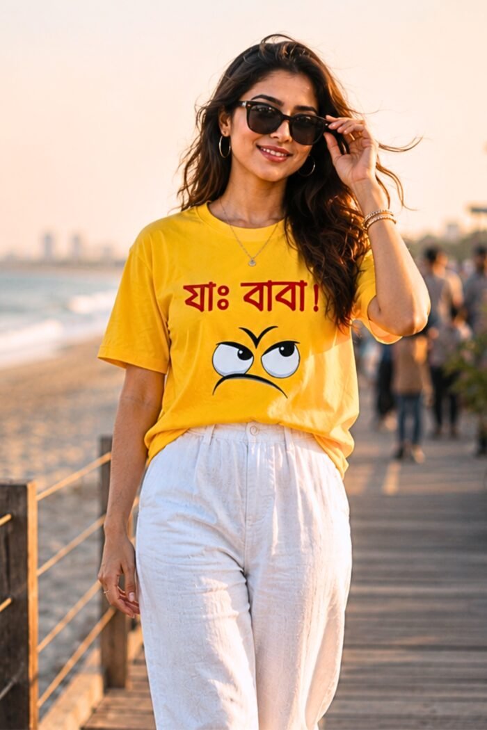 Humorous Bengali Typography Bright Yellow Graphic Tee - Image 3