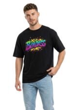 Man wearing a black cotton t-shirt featuring colorful Bindas graffiti typography