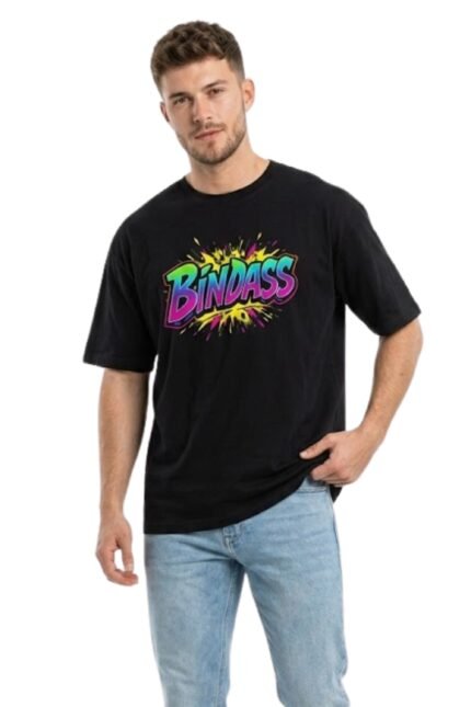 Man wearing a black cotton t-shirt featuring colorful Bindas graffiti typography