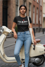 Woman leaning against a vintage scooter outdoors wearing a black cotton t-shirt featuring the classic Friends television show logo