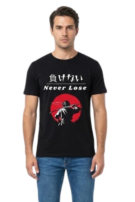 Man wearing a black cotton t-shirt with a red sun graphic, Japanese calligraphy, and the empowering message Never Lose