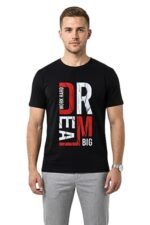 Man wearing a black cotton t-shirt with a bold vertical Dream Big typography graphic