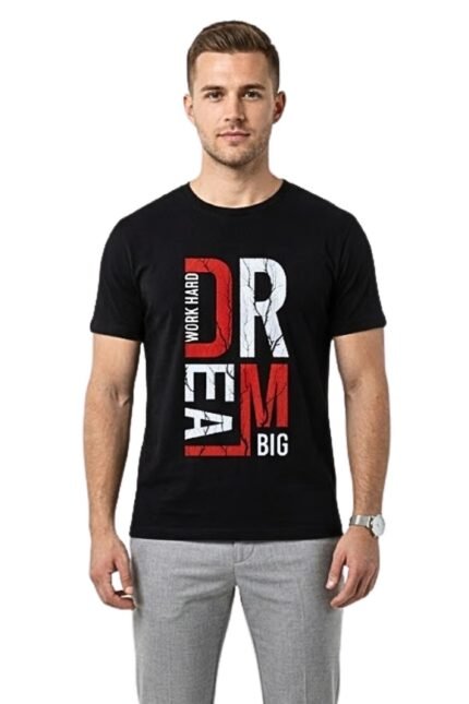 Man wearing a black cotton t-shirt with a bold vertical Dream Big typography graphic