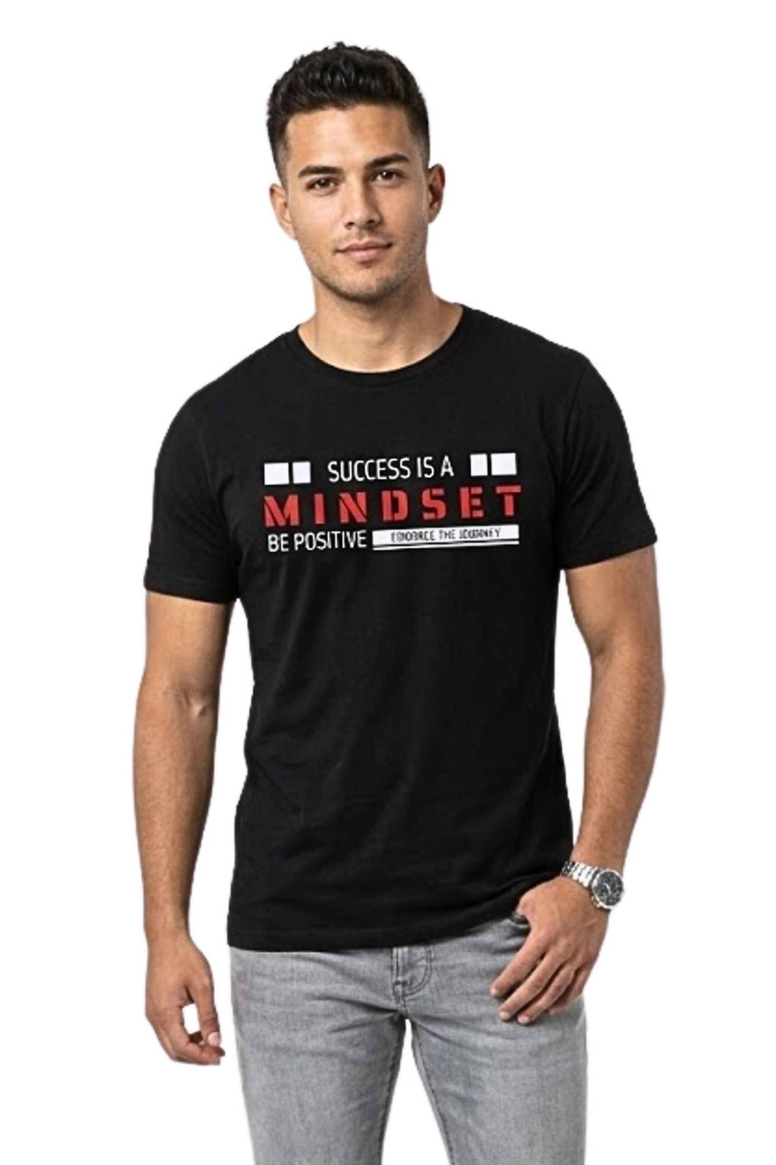 mindset-positive-thinking-black-tshirt-main Man wearing a black cotton t-shirt featuring the word Mindset in a bold red and white graphic box