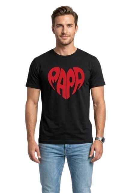 Man wearing a black cotton t-shirt featuring the red typography graphic Papa for Father's Day