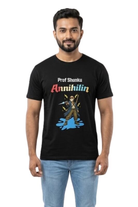 Man wearing a comfortable cotton t-shirt featuring Satyajit Ray's iconic sci-fi character Professor Shonku