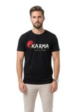 Man wearing a black cotton t-shirt with a red Karma graphic design