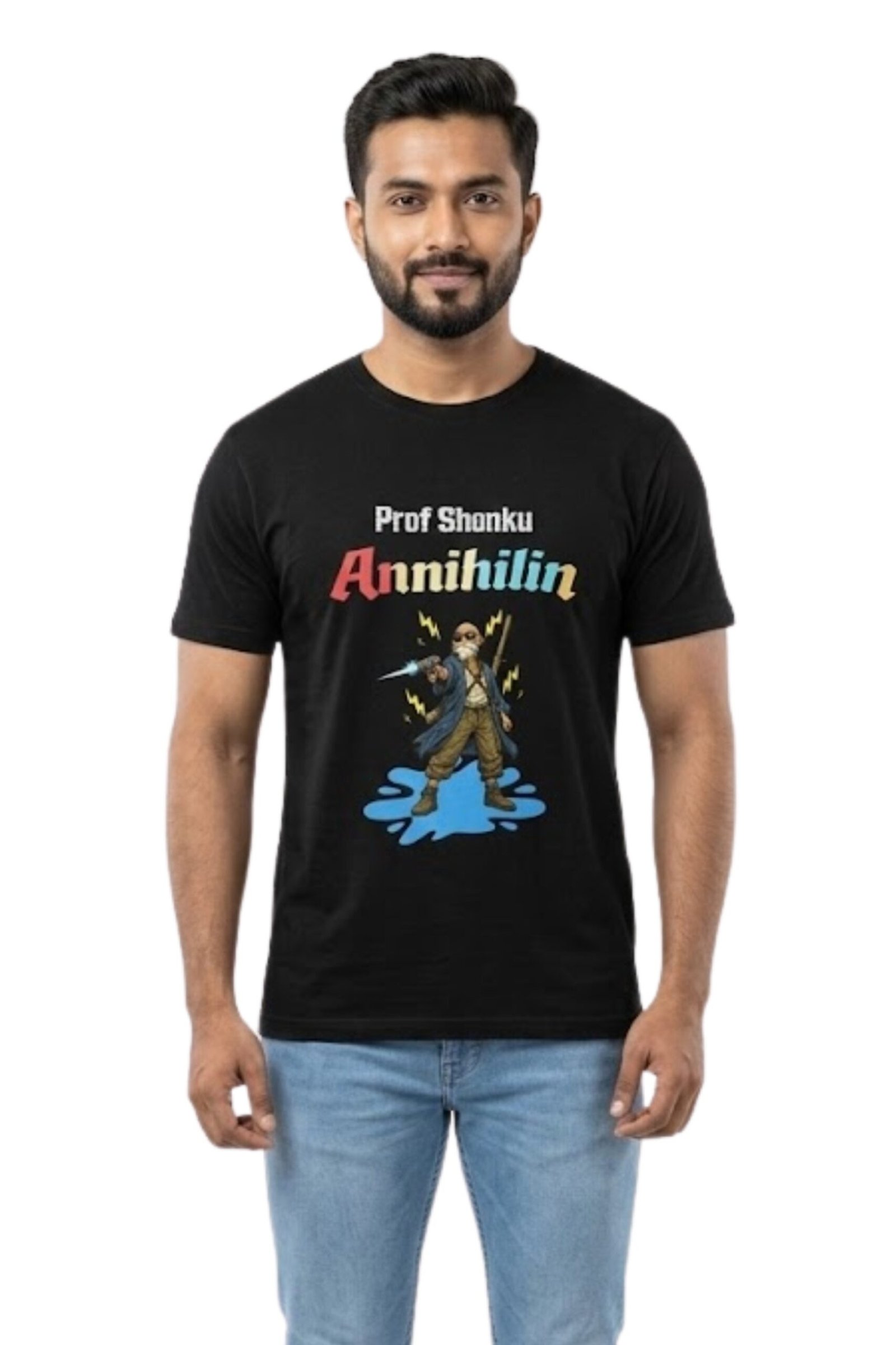 professor-shonku-satyajit-ray-bengali-sci-fi-tshirt-main Man wearing a comfortable cotton t-shirt featuring Satyajit Ray's iconic sci-fi character Professor Shonku