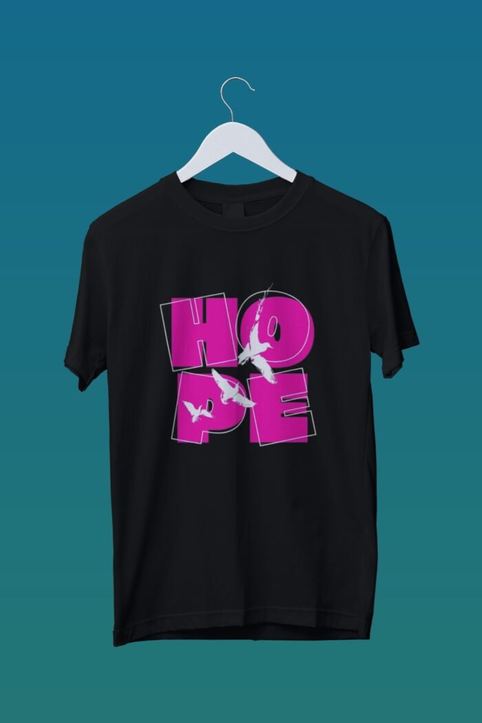 "HOPE" Black 100% Cotton T-Shirt | Pink & White Graphic with Birds | Motivational Tee - Image 6