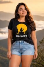 Woman wearing a black cotton t-shirt featuring an orange Mahadev Lord Shiva silhouette graphic