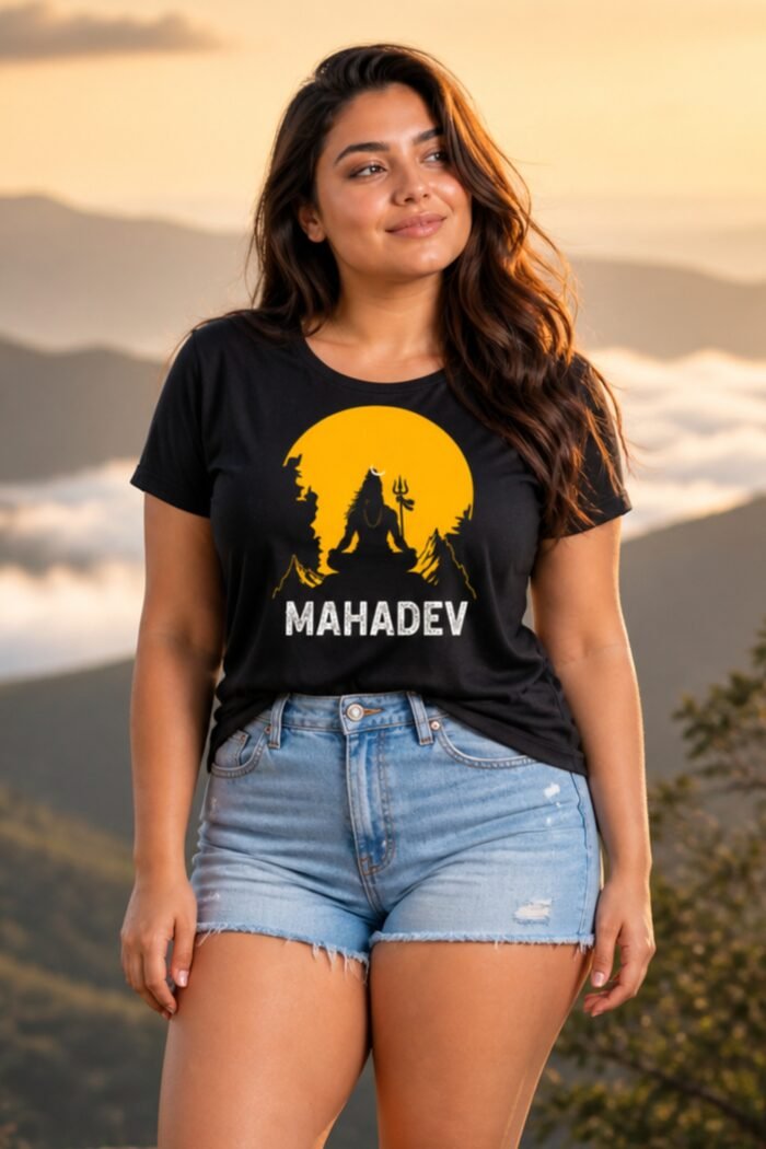Woman wearing a black cotton t-shirt featuring an orange Mahadev Lord Shiva silhouette graphic