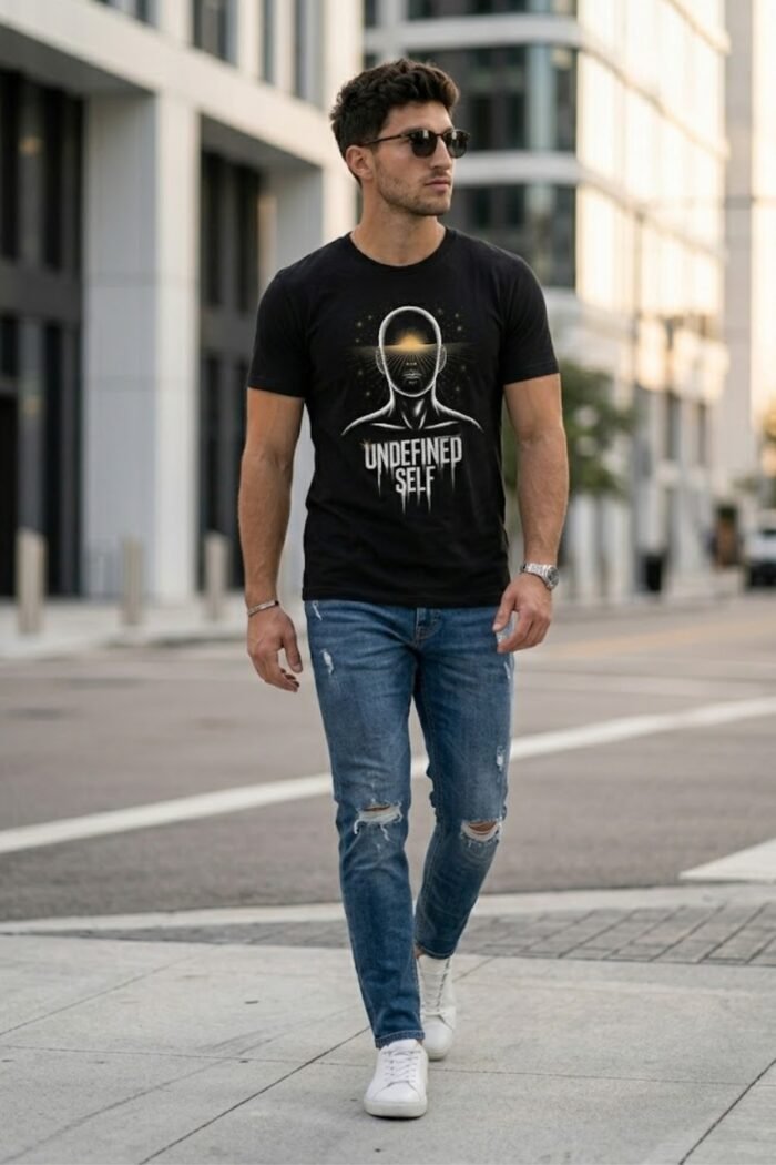 Abstract Spiritual Streetwear Tee - Sun Eye Human Silhouette Black Shirt - Image 3