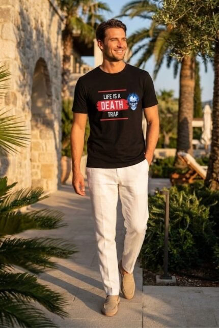 Lifestyle gallery photo of a woman modeling the Life is a Death Trap t-shirt while crossing a city street. This pure cotton black tee showcases an edgy graphic inspired by the Final Destination series, capturing a confident and comfortable streetwear style.