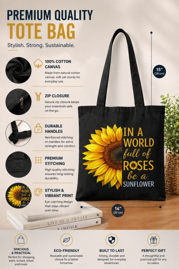Be A Sunflower Motivational Canvas Tote Bag | Stylish Shoulder Bag - Image 3