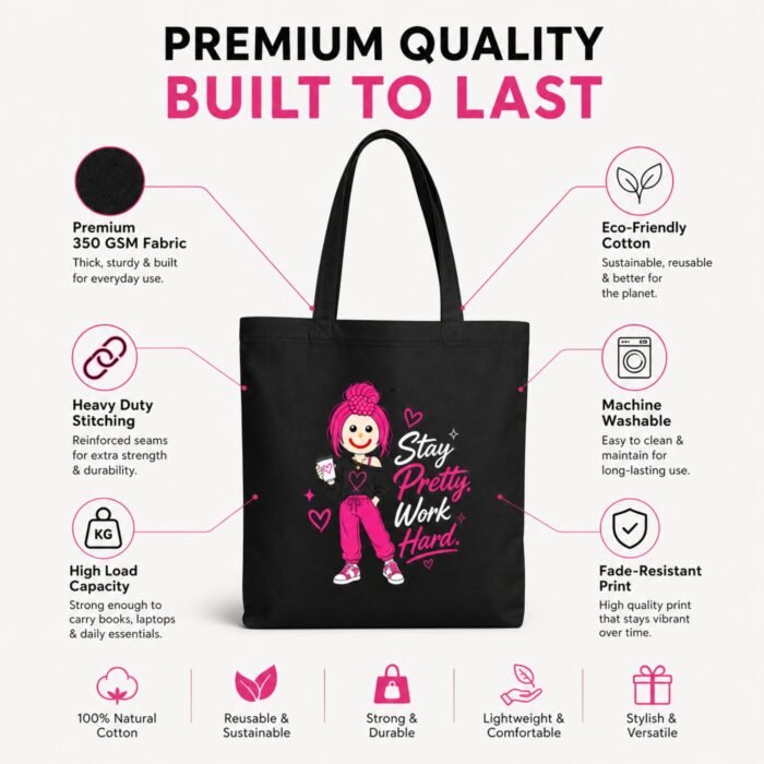 Boss Babe Pink & Black Canvas Tote | Cute Coffee Girl Reusable Shopping Bag - Image 4