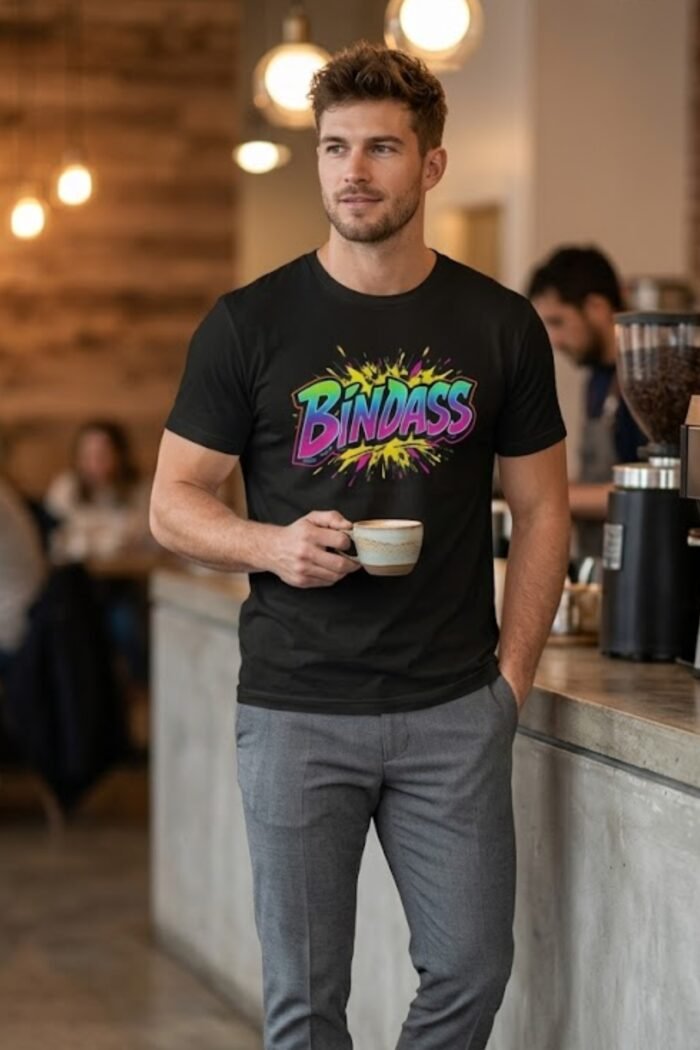 Man holding a cup while wearing a black cotton t-shirt featuring colorful Bindas graffiti typography