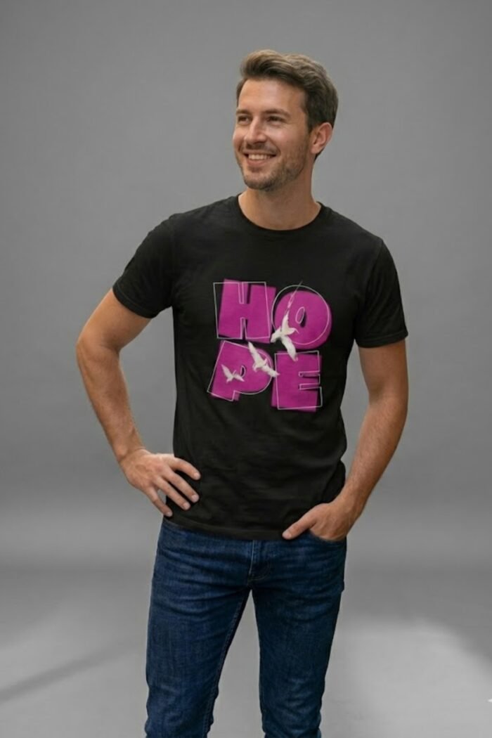 "HOPE" Black 100% Cotton T-Shirt | Pink & White Graphic with Birds | Motivational Tee - Image 5