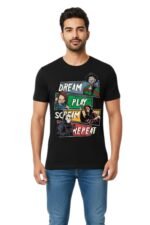 Men's black cotton t-shirt with "Dream Play Scream Repeat" horror character graphic – dark aesthetic black t shirt mens outfit
