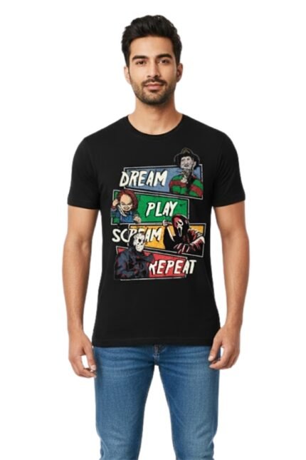 Men's black cotton t-shirt with "Dream Play Scream Repeat" horror character graphic – dark aesthetic black t shirt mens outfit