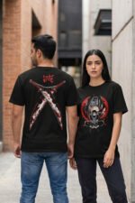 Couple wearing black cotton t-shirts showing the back graphic of a red and white Japanese Oni samurai mask with crossed katanas