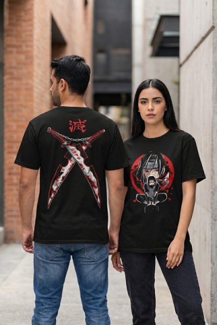 Couple wearing black cotton t-shirts showing the back graphic of a red and white Japanese Oni samurai mask with crossed katanas