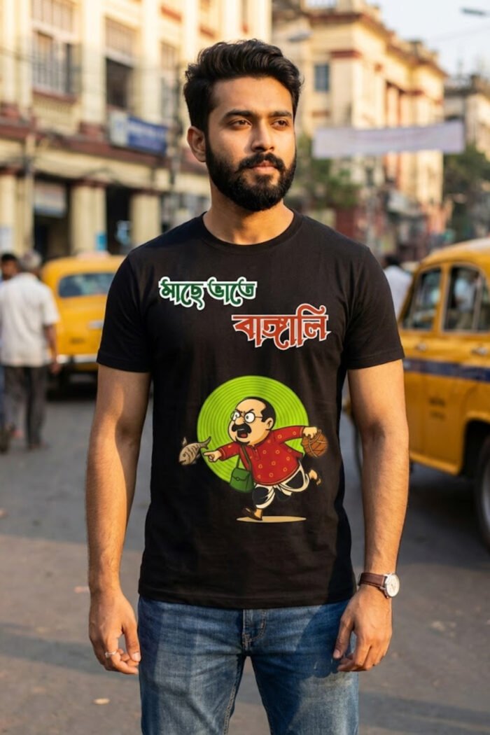 Mache Bhaate Bangali Black T-Shirt | 100% Cotton Bio Wash Bengali Tee - Image 4