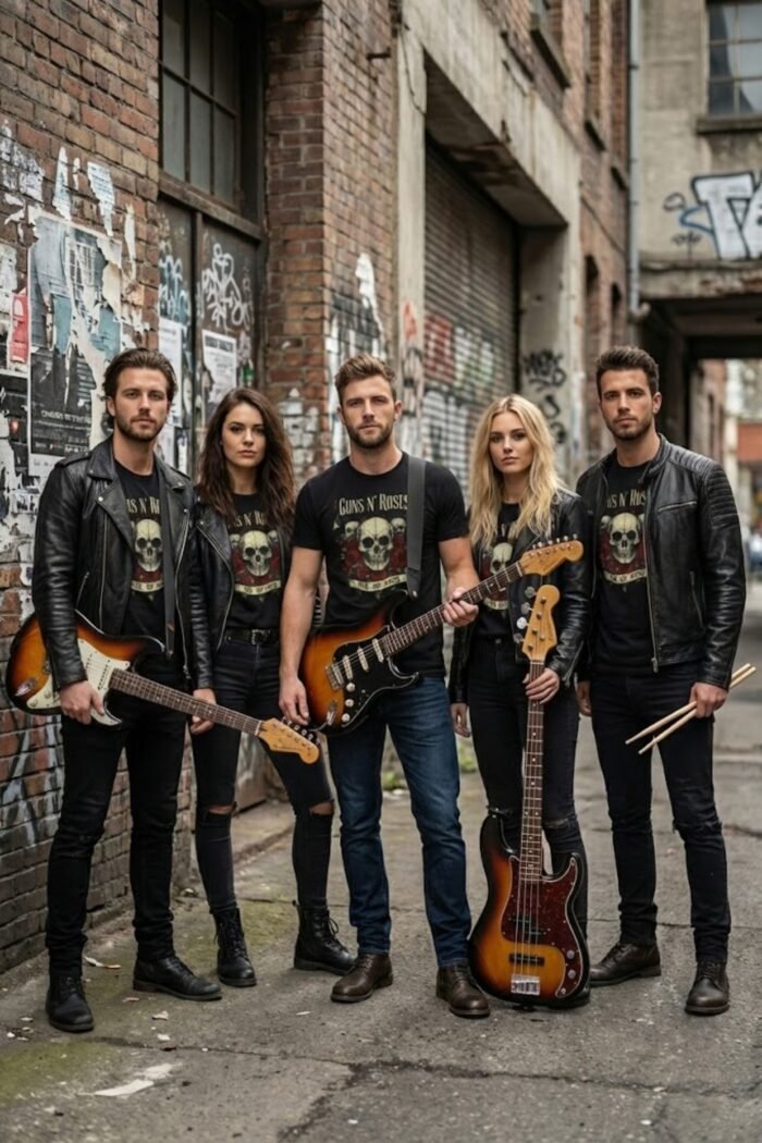 Group of people standing in an alleyway wearing the black cotton Guns N' Roses Skulls & Roses Graphic T-Shirt
