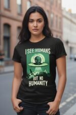 Woman standing outdoors wearing a black cotton t-shirt featuring a green alien graphic and the quote I See Humans But No Humanity