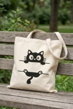 Cute Black Cat Print Beige Cotton Tote Bag for Women & Girls - Image 3