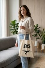 Cute Black Cat Print Beige Cotton Tote Bag for Women & Girls - Image 5