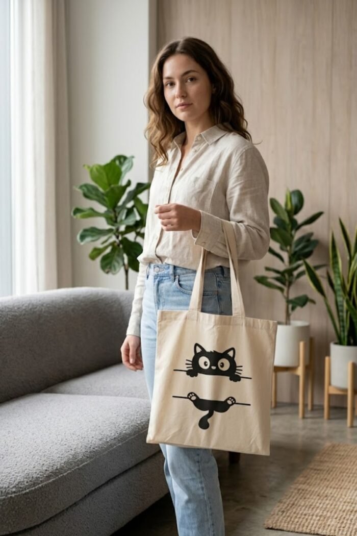 Cute Black Cat Print Beige Cotton Tote Bag for Women & Girls - Image 5