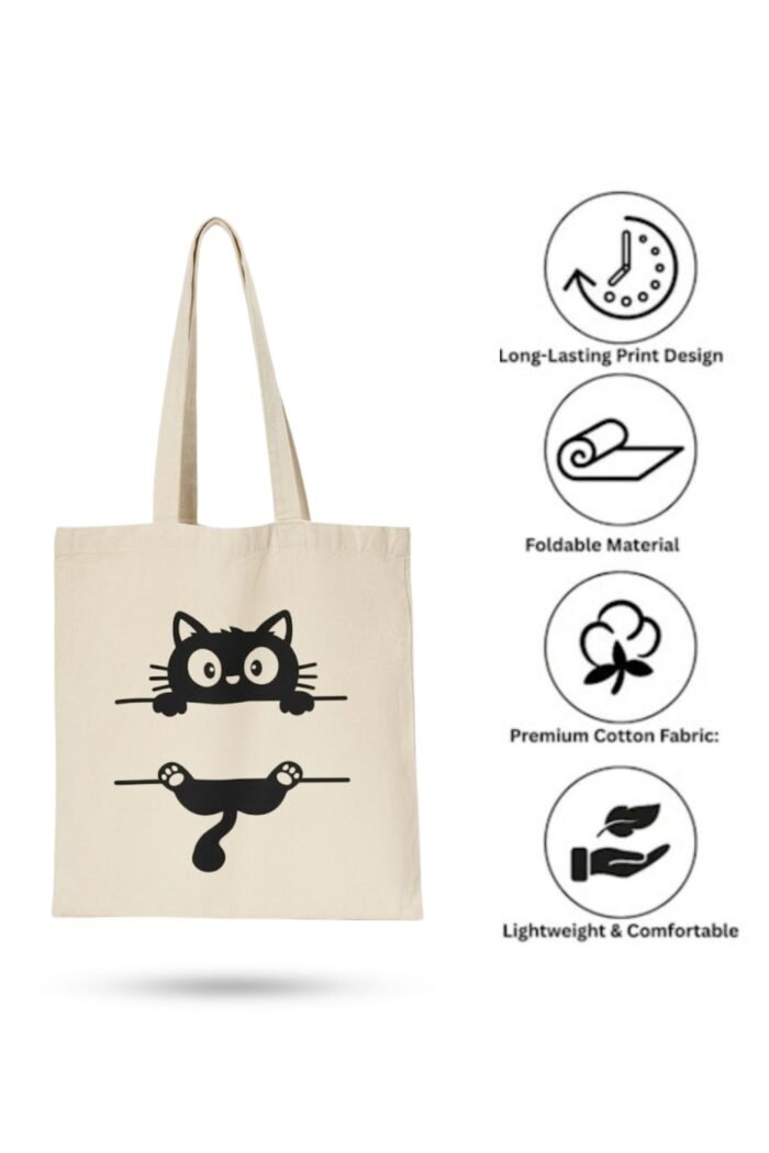 Cute Black Cat Print Beige Cotton Tote Bag for Women & Girls - Image 4