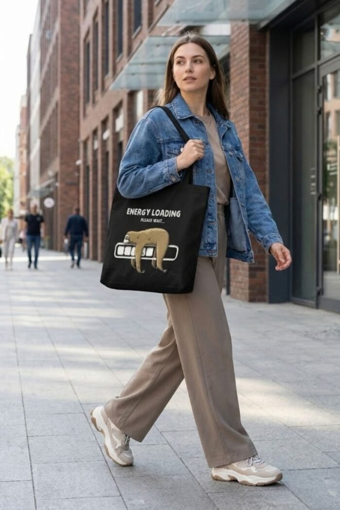 Energy Loading Sloth Tote Bag | Funny Introvert Black Canvas Shopper - Image 3