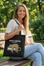 Energy Loading Sloth Tote Bag | Funny Introvert Black Canvas Shopper - Image 5