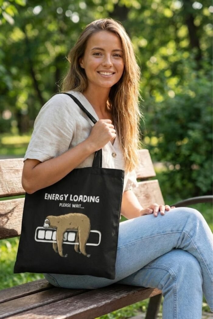 Energy Loading Sloth Tote Bag | Funny Introvert Black Canvas Shopper - Image 5