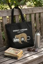 Energy Loading Sloth Tote Bag | Funny Introvert Black Canvas Shopper - Image 2