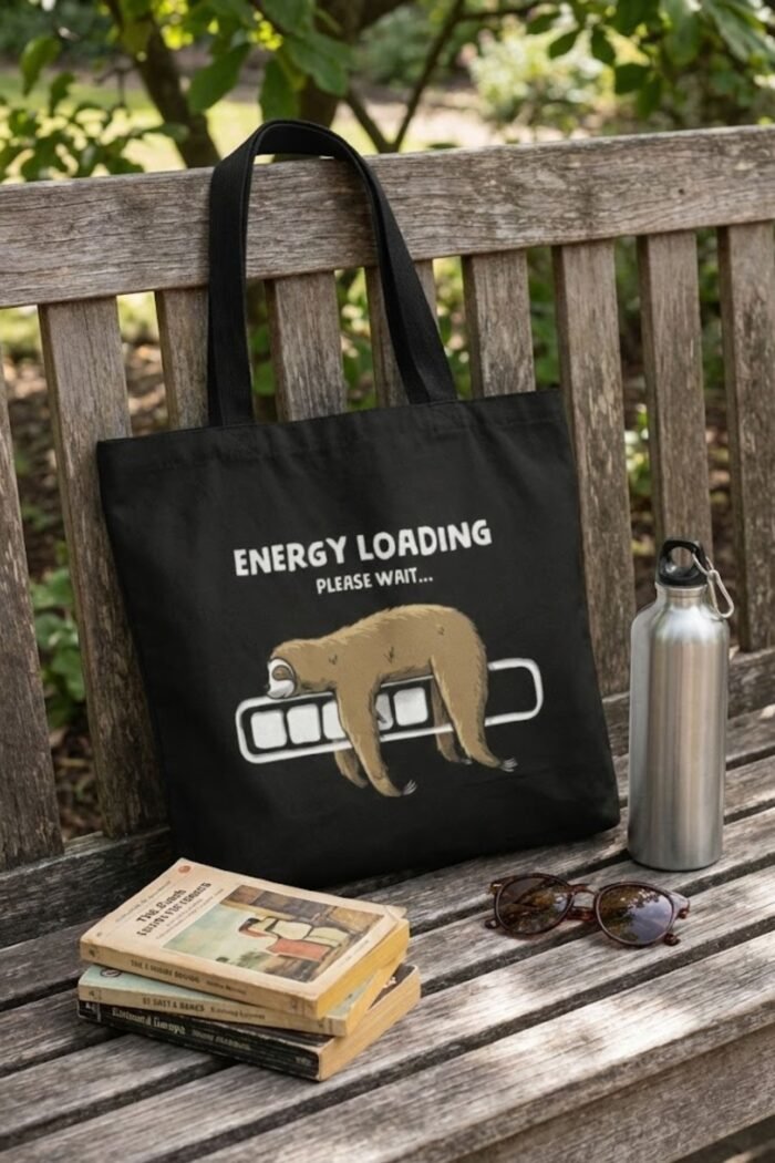 Energy Loading Sloth Tote Bag | Funny Introvert Black Canvas Shopper - Image 2