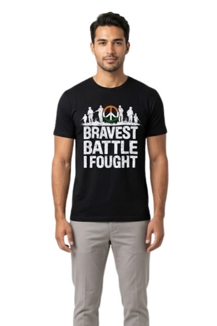Man wearing a black cotton t-shirt featuring the motivational quote Bravest Battle I Fought