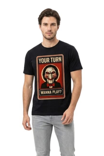 Men's black cotton graphic t-shirt with "Your Turn Wanna Play" horror character design – edgy black t shirt mens outfit
