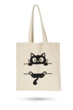 Off-white canvas tote bag with minimalist black cat graphic – eco-friendly accessory for a classic black 100% cotton t-shirt outfit
