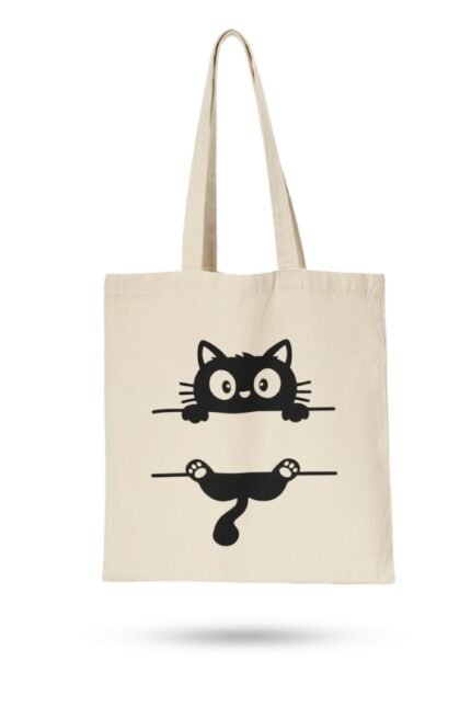 Off-white canvas tote bag with minimalist black cat graphic – eco-friendly accessory for a classic black 100% cotton t-shirt outfit