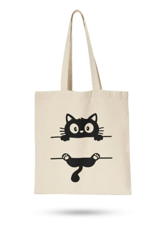 Off-white canvas tote bag with minimalist black cat graphic – eco-friendly accessory for a classic black 100% cotton t-shirt outfit