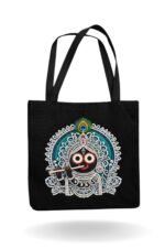 Lord Jagannath Black Cotton Tote Bag with white ornamental mandala art – spiritual and cultural canvas shoulder bag