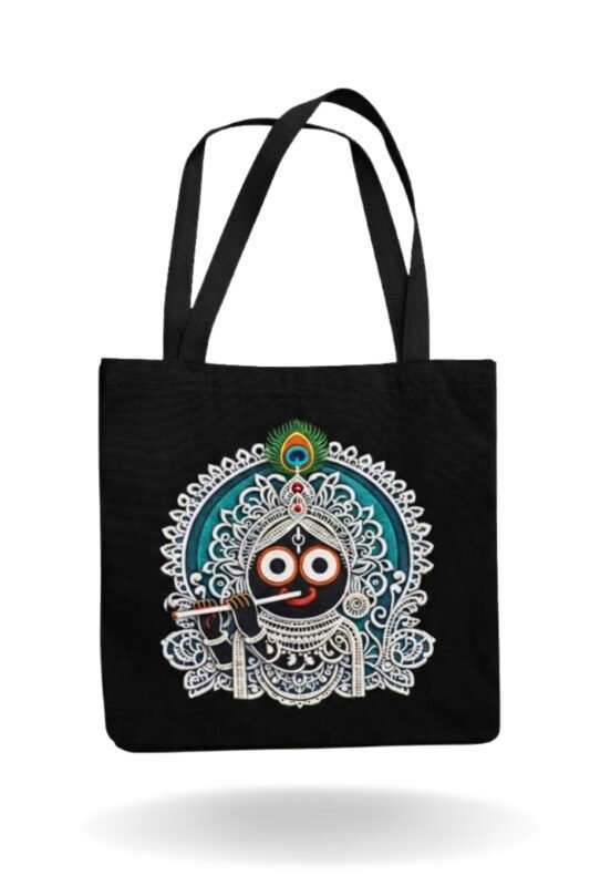 Lord Jagannath Black Cotton Tote Bag with white ornamental mandala art – spiritual and cultural canvas shoulder bag